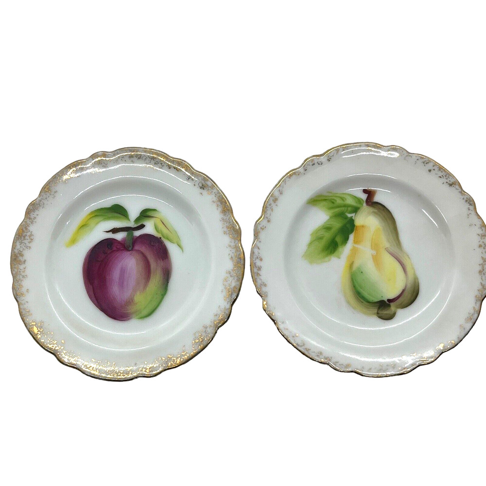 Miniature Plates Fern Importation Japan Hand Painted Fruit Pear Plum Vintage